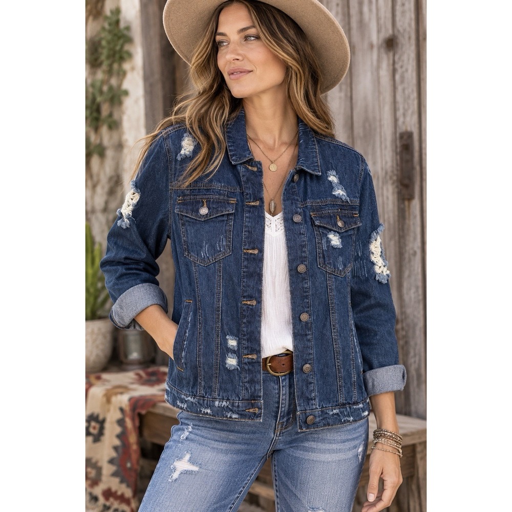 Wax Jeans NWT Heavy Factory Distressed Jean Jacket Dark Wash Size M